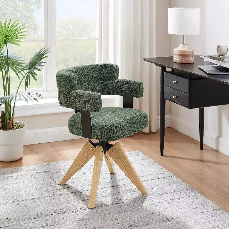 Chaise de bureau Art Leon sans roulettes, Fauteuil pivotant moderne du milieu du siècle, Chaise d'appoint rembourrée en tissu avec pieds en bois de chêne