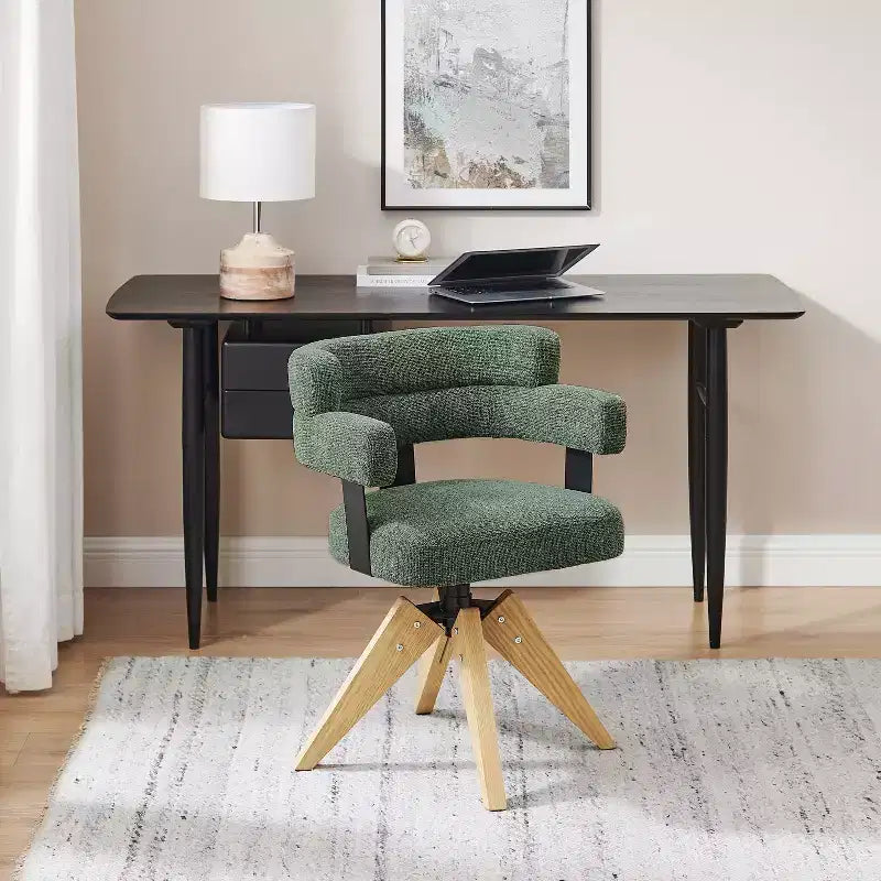 Chaise de bureau Art Leon sans roulettes, Fauteuil pivotant moderne du milieu du siècle, Chaise d'appoint rembourrée en tissu avec pieds en bois de chêne