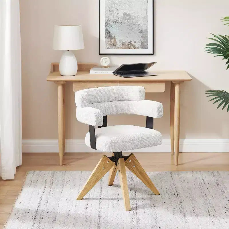 Chaise de bureau Art Leon sans roulettes, Fauteuil pivotant moderne du milieu du siècle, Chaise d'appoint rembourrée en tissu avec pieds en bois de chêne