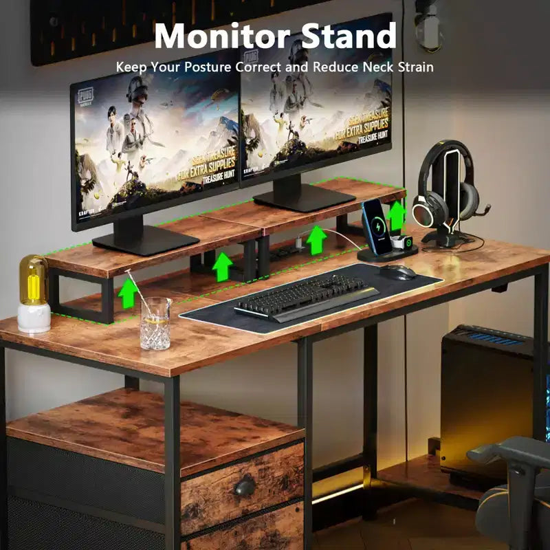 Bureau d'ordinateur brun rustique de 119 cm avec station de charge, classeur, bureau de jeu pour la maison, 2 supports de moniteur, tiroir de rangement et étagère, table d'écriture