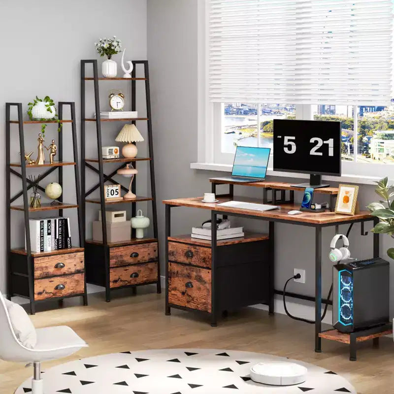 Bureau d'ordinateur brun rustique de 119 cm avec station de charge, classeur, bureau de jeu pour la maison, 2 supports de moniteur, tiroir de rangement et étagère, table d'écriture