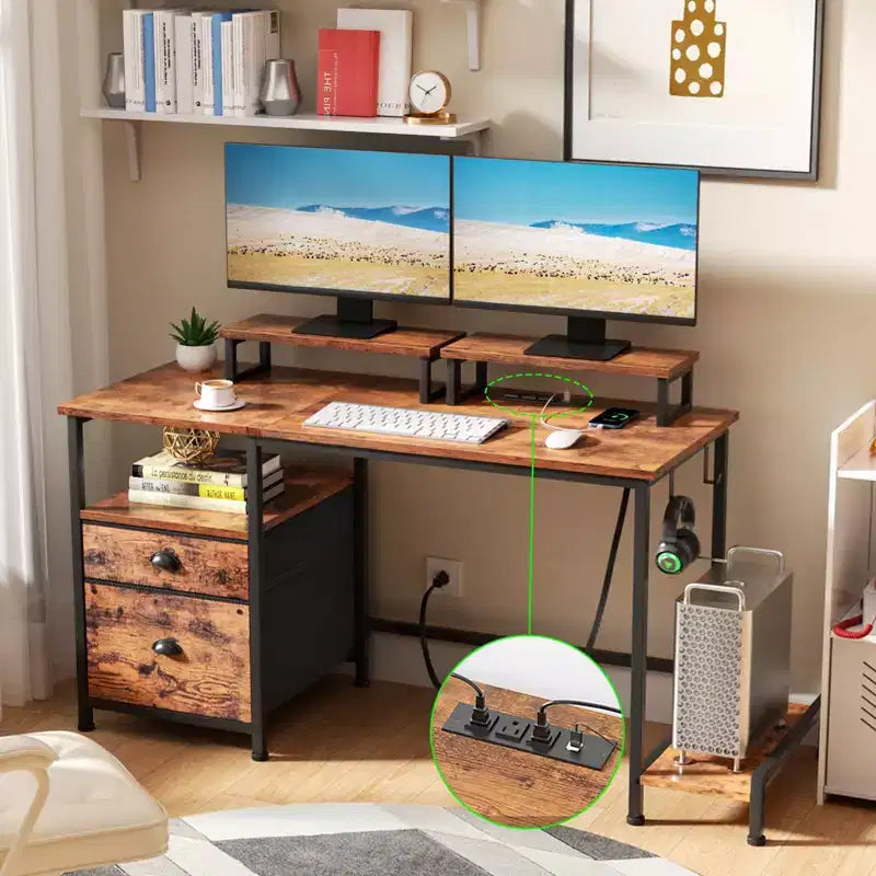 Bureau d'ordinateur brun rustique de 119 cm avec station de charge, classeur, bureau de jeu pour la maison, 2 supports de moniteur, tiroir de rangement et étagère, table d'écriture