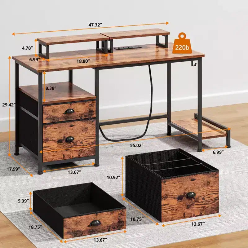 Bureau d'ordinateur brun rustique de 119 cm avec station de charge, classeur, bureau de jeu pour la maison, 2 supports de moniteur, tiroir de rangement et étagère, table d'écriture