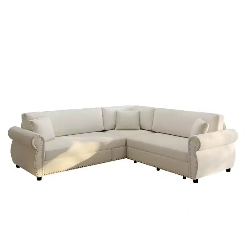 Canapé convertible d'angle 5 places Homy Casa 88 avec lit gigogne, revêtement chenille, beige
