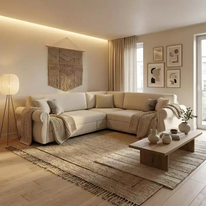 Canapé convertible d'angle 5 places Homy Casa 88 avec lit gigogne, revêtement chenille, beige