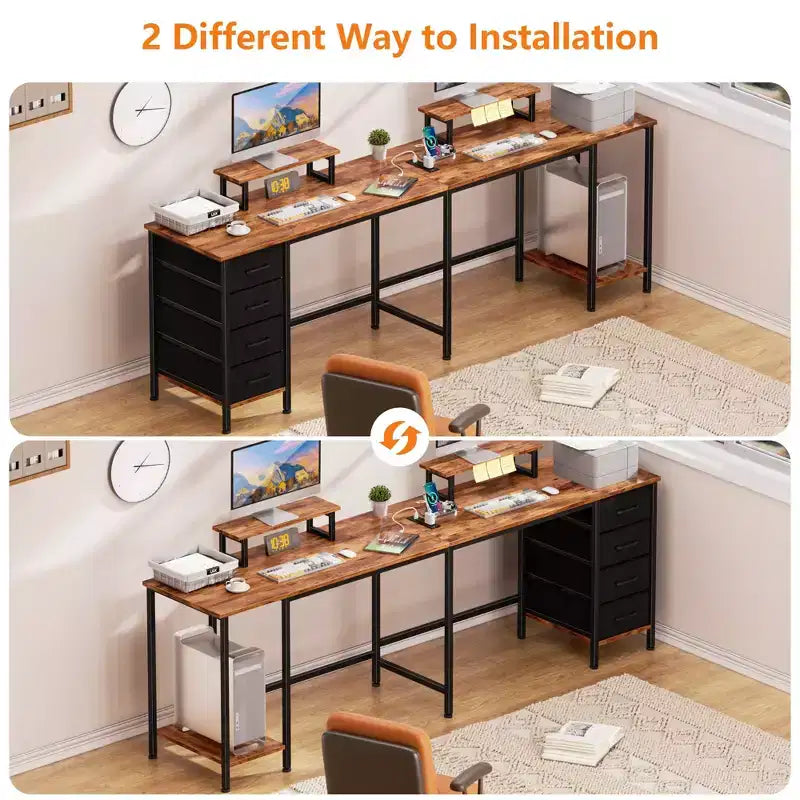 Bureau d'angle en forme de L brun rustique de 59 pouces avec station de charge, bureau de jeu pour deux personnes, 4 tiroirs, 2 supports d'écran, poste de travail de bureau à domicile