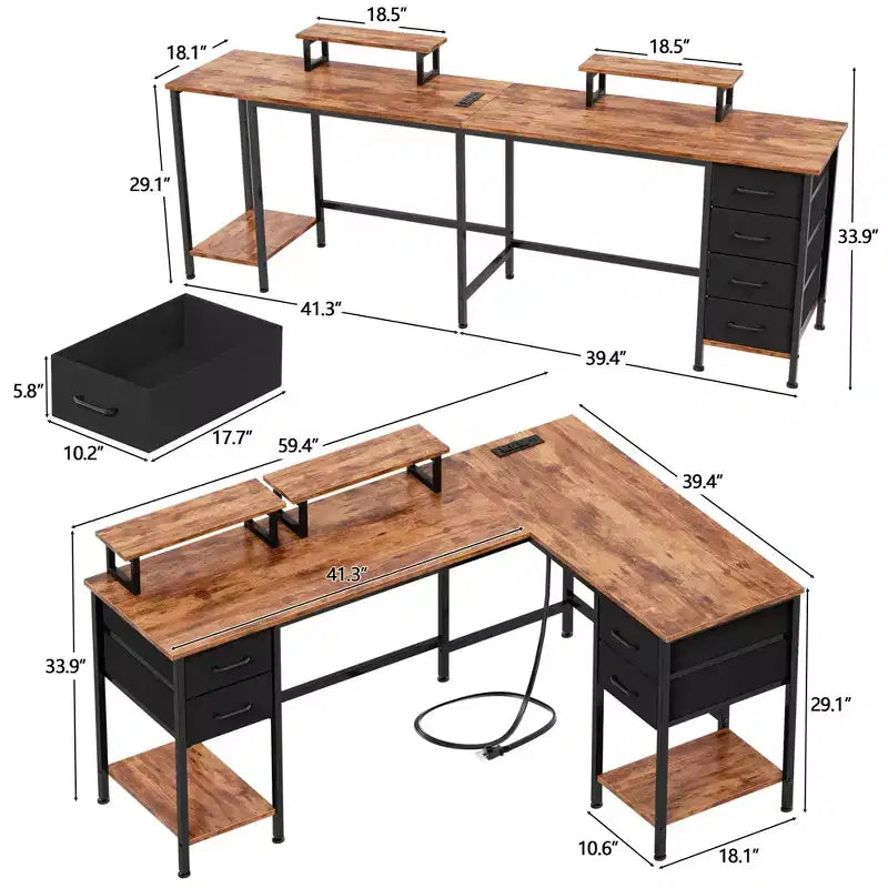 Bureau d'angle en forme de L brun rustique de 59 pouces avec station de charge, bureau de jeu pour deux personnes, 4 tiroirs, 2 supports d'écran, poste de travail de bureau à domicile