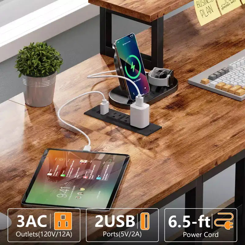 Bureau d'angle en forme de L brun rustique de 59 pouces avec station de charge, bureau de jeu pour deux personnes, 4 tiroirs, 2 supports d'écran, poste de travail de bureau à domicile