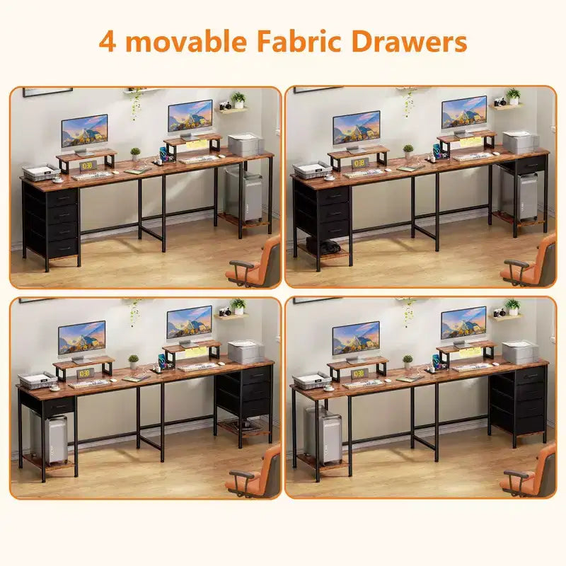 Bureau d'angle en forme de L brun rustique de 59 pouces avec station de charge, bureau de jeu pour deux personnes, 4 tiroirs, 2 supports d'écran, poste de travail de bureau à domicile