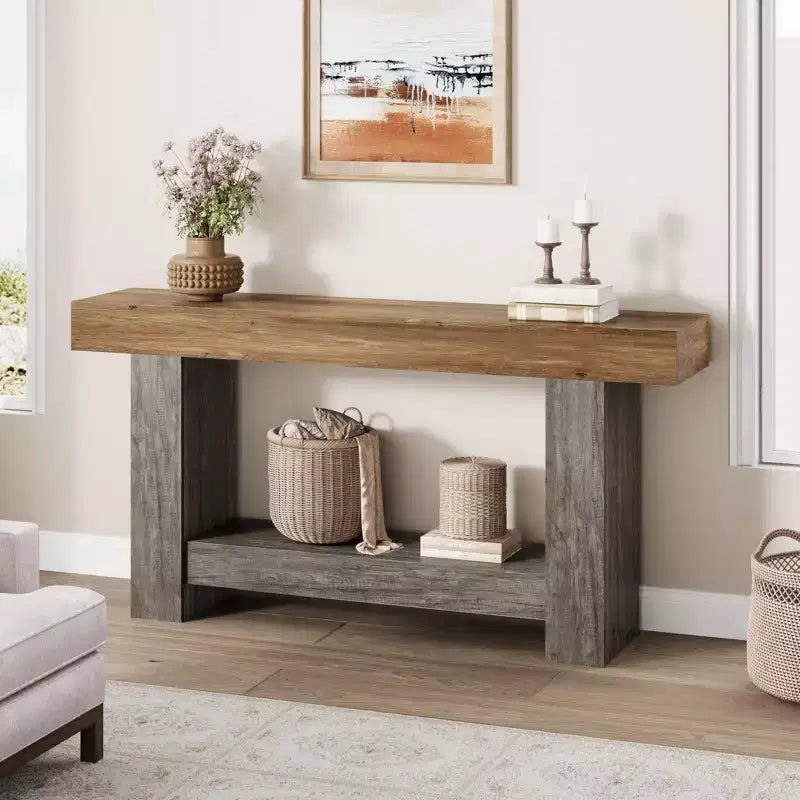 Console de ferme - Table d'entrée à 2 niveaux avec rangement pour salon, couloir et entrée