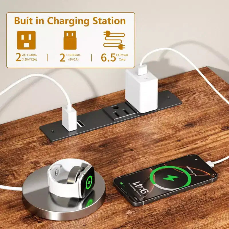 Meuble TV Qwatto de 160 cm, marron, avec station de charge, lumières LED, 6 tiroirs, centre de divertissement pour TV jusqu'à 70 pouces, console multimédia pour salon.