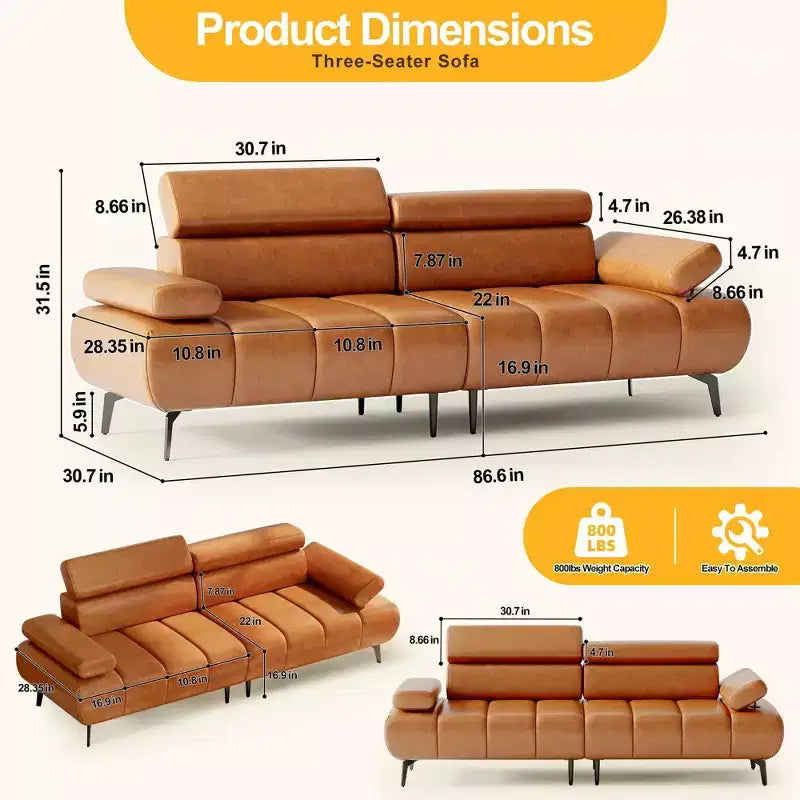 Canapé-lit 3 places en similicuir 86,6 po – Canapé-futon convertible avec dossier réglable et design divisé – Marron