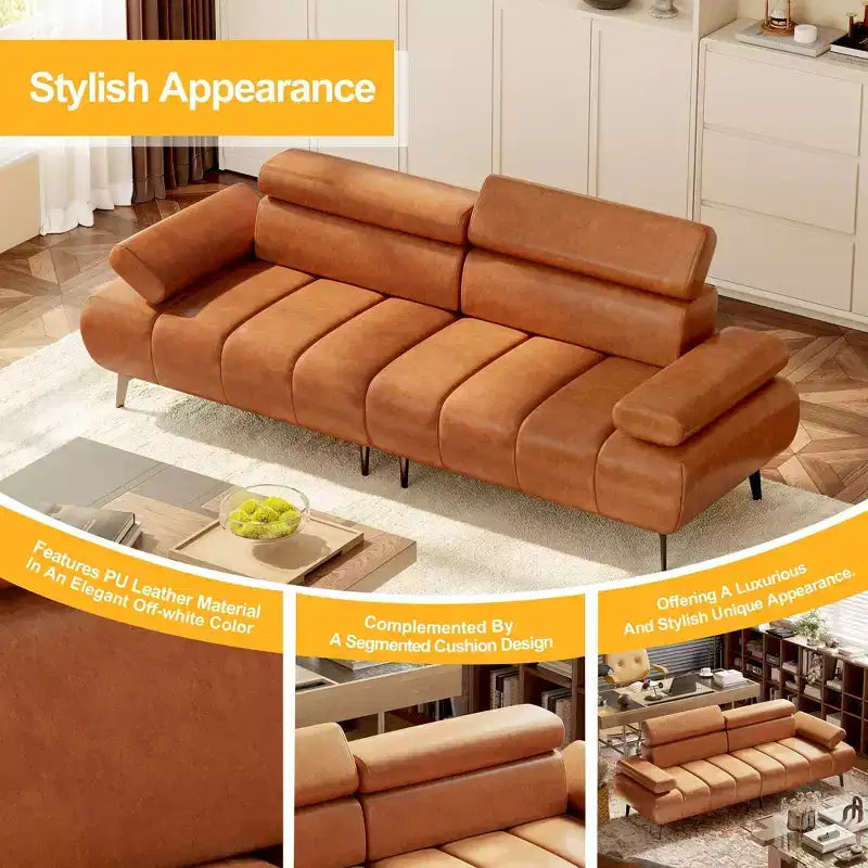 Canapé-lit 3 places en similicuir 86,6 po – Canapé-futon convertible avec dossier réglable et design divisé – Marron
