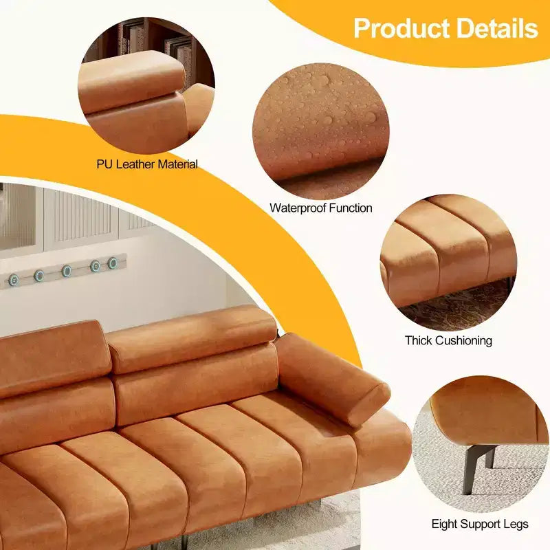 Canapé-lit 3 places en similicuir 86,6 po – Canapé-futon convertible avec dossier réglable et design divisé – Marron