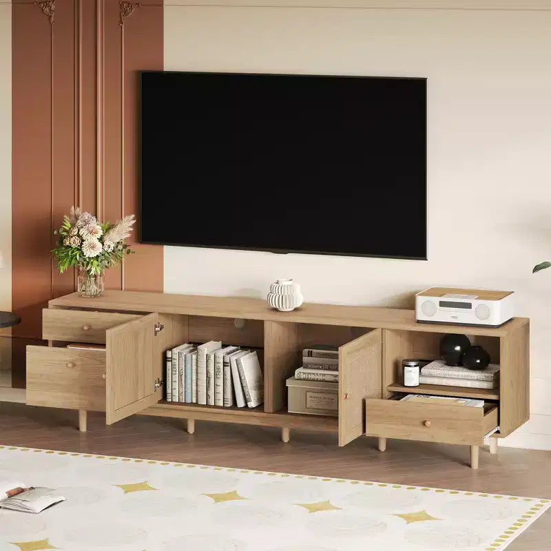 Meuble TV Danny Boho GDFStudio avec portes en rotin tressé, rangement ouvert et tiroirs