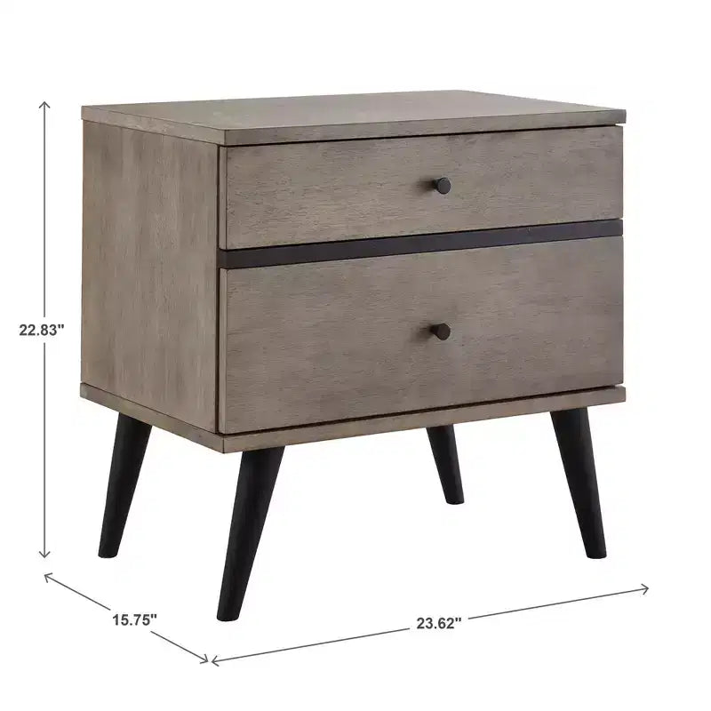 Table de chevet Sutro Mid-Century Modern avec 2 tiroirs et pieds noirs - Gris/Noir - iNSPIRE Q