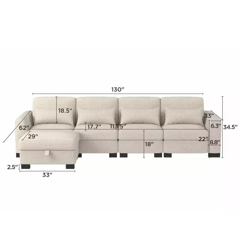 Canapé d'angle modulable moderne en tissu GDFStudio Beulah 130 avec pouf de rangement