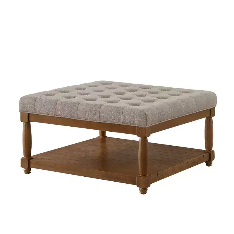 GDFStudio Chloe Pouf carré moderne en bois, rembourré en lin, capitonné avec étagère de rangement