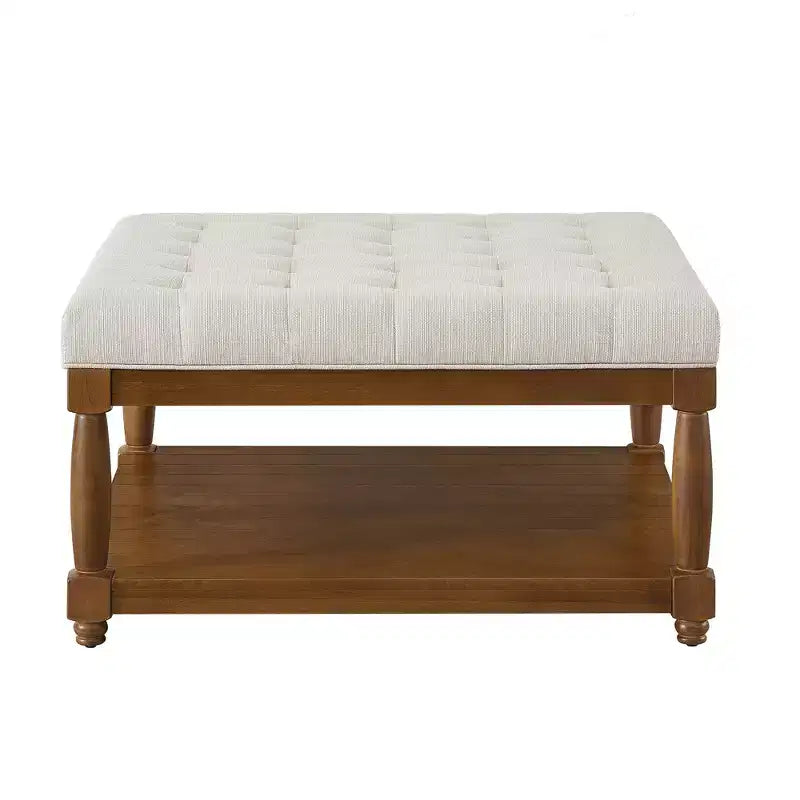 GDFStudio Chloe Pouf carré moderne en bois, rembourré en lin, capitonné avec étagère de rangement