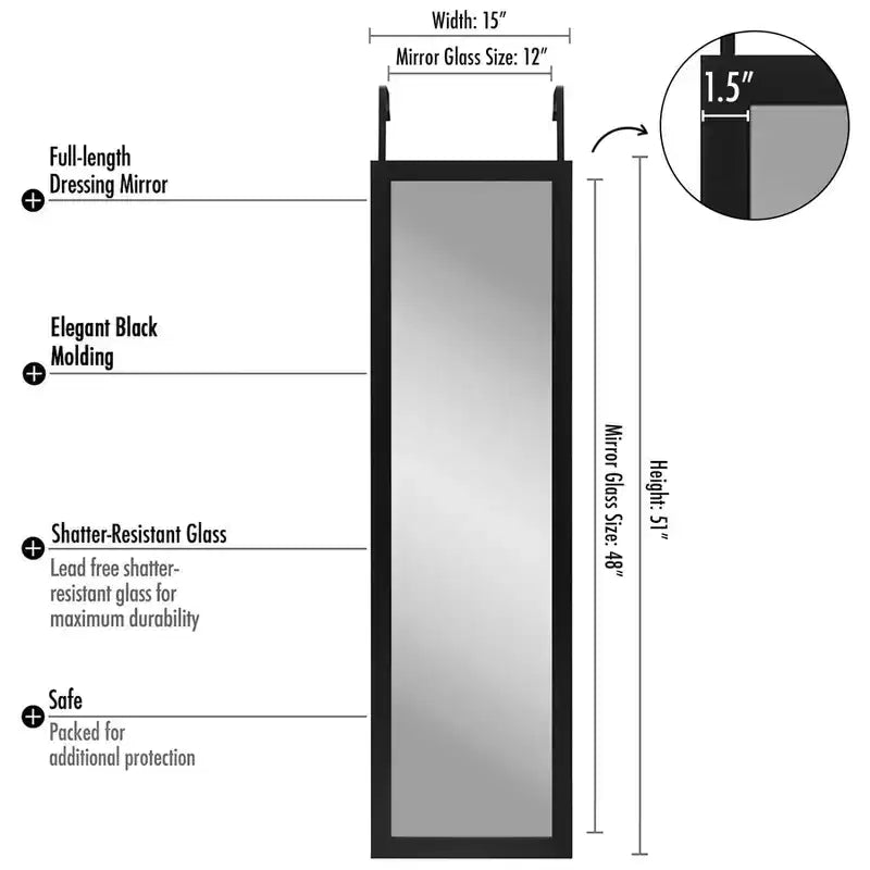 Americanflat Miroir de porte 15x51 - Miroir pleine longueur à suspendre avec cadre en bois composite - Miroir moderne pour salon - Miroirs muraux décoratifs