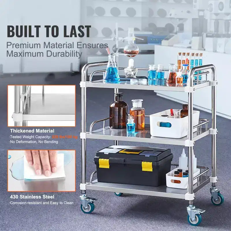Chariot de laboratoire roulant en acier inoxydable à 3 étagères avec garde-corps et roulettes pivotantes, capacité de 100 kg, chariot médical dentaire utilitaire 66x40x86 cm