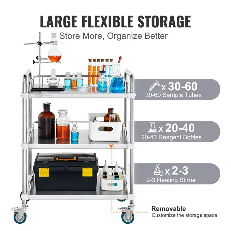 Chariot de laboratoire roulant en acier inoxydable à 3 étagères avec garde-corps et roulettes pivotantes, capacité de 100 kg, chariot médical dentaire utilitaire 66x40x86 cm