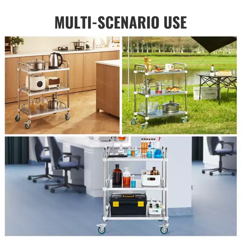 Chariot de laboratoire roulant en acier inoxydable à 3 étagères avec garde-corps et roulettes pivotantes, capacité de 100 kg, chariot médical dentaire utilitaire 66x40x86 cm