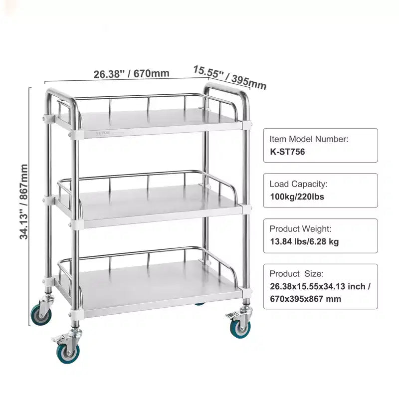 Chariot de laboratoire roulant en acier inoxydable à 3 étagères avec garde-corps et roulettes pivotantes, capacité de 100 kg, chariot médical dentaire utilitaire 66x40x86 cm