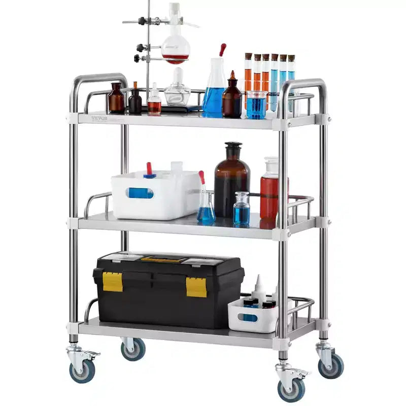 Chariot de laboratoire roulant en acier inoxydable à 3 étagères avec garde-corps et roulettes pivotantes, capacité de 100 kg, chariot médical dentaire utilitaire 66x40x86 cm