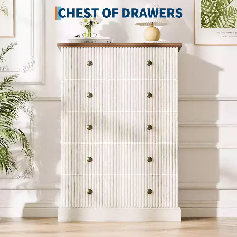 Commode de chambre à 5 tiroirs, armoire verticale en bois, avec poignées en métal, adaptée aux appartements, chambres à coucher, salons et salles à manger.