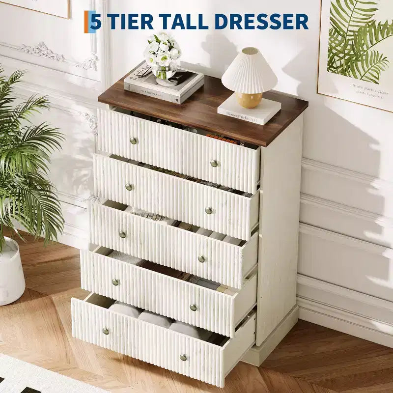 Commode de chambre à 5 tiroirs, armoire verticale en bois, avec poignées en métal, adaptée aux appartements, chambres à coucher, salons et salles à manger.