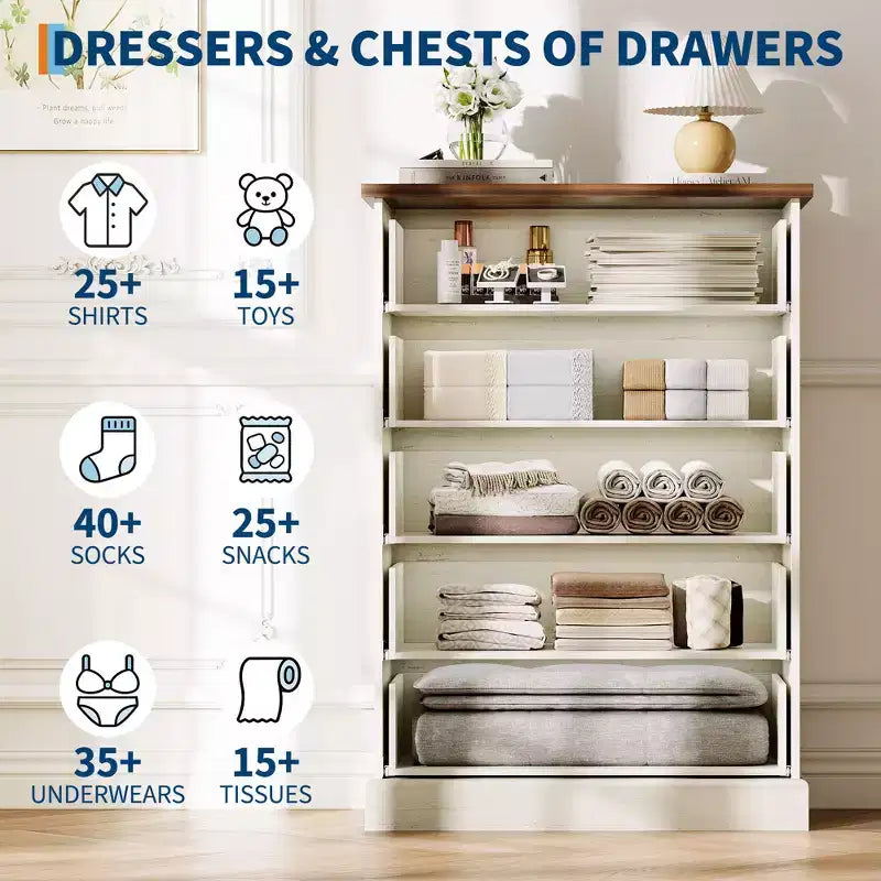 Commode de chambre à 5 tiroirs, armoire verticale en bois, avec poignées en métal, adaptée aux appartements, chambres à coucher, salons et salles à manger.