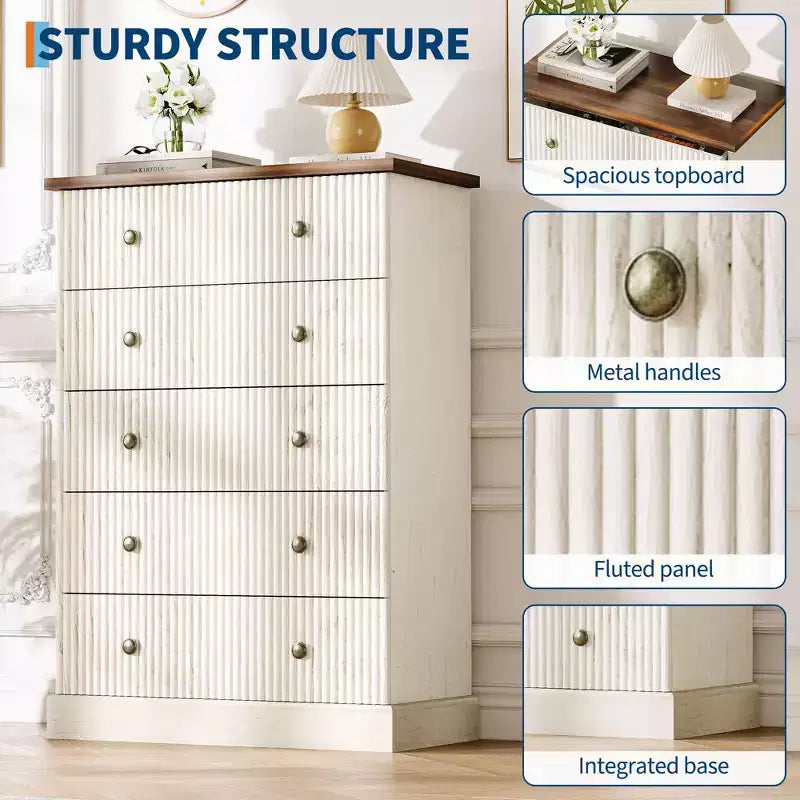 Commode de chambre à 5 tiroirs, armoire verticale en bois, avec poignées en métal, adaptée aux appartements, chambres à coucher, salons et salles à manger.