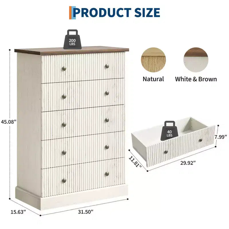 Commode de chambre à 5 tiroirs, armoire verticale en bois, avec poignées en métal, adaptée aux appartements, chambres à coucher, salons et salles à manger.
