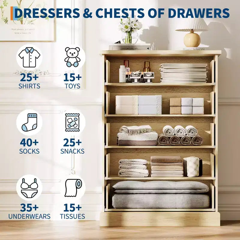 Commode de chambre à 5 tiroirs, armoire verticale en bois, avec poignées en métal, adaptée aux appartements, chambres à coucher, salons et salles à manger.