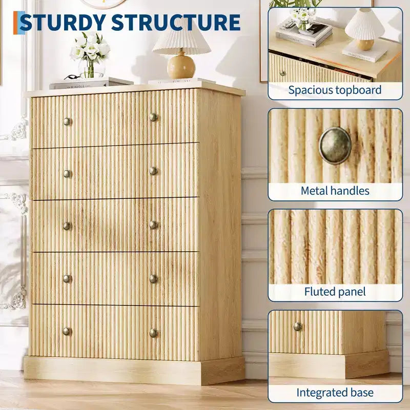 Commode de chambre à 5 tiroirs, armoire verticale en bois, avec poignées en métal, adaptée aux appartements, chambres à coucher, salons et salles à manger.