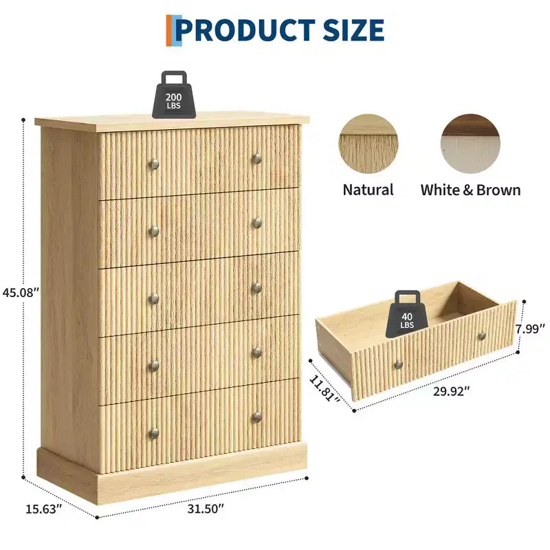 Commode de chambre à 5 tiroirs, armoire verticale en bois, avec poignées en métal, adaptée aux appartements, chambres à coucher, salons et salles à manger.