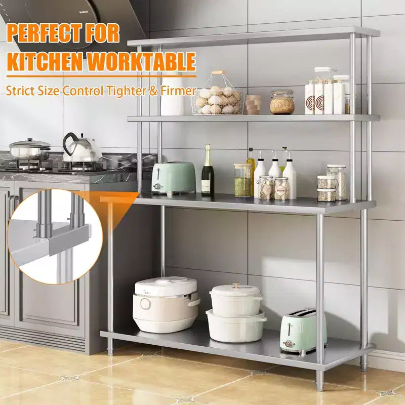 Étagère de laboratoire à 2 niveaux en acier inoxydable, 60 larg. x 12 prof. x 39 haut. (po), tablettes réglables robustes (capacité 360 lb + 220 lb) pour établi