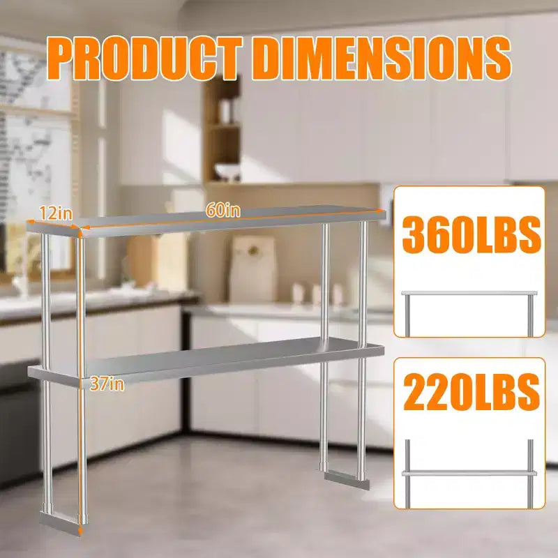 Étagère de laboratoire à 2 niveaux en acier inoxydable, 60 larg. x 12 prof. x 39 haut. (po), tablettes réglables robustes (capacité 360 lb + 220 lb) pour établi