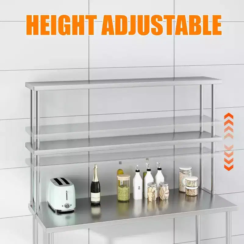 Étagère de laboratoire à 2 niveaux en acier inoxydable, 60 larg. x 12 prof. x 39 haut. (po), tablettes réglables robustes (capacité 360 lb + 220 lb) pour établi