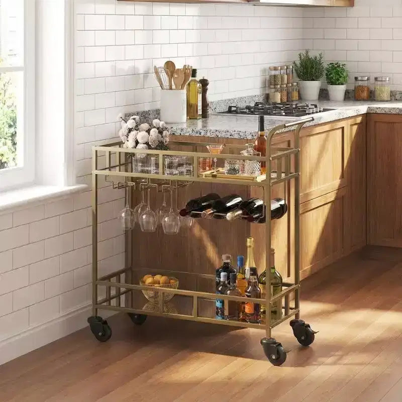 COZONY Chariot de Bar à 2 Niveaux avec Porte-Bouteilles et Porte-Verres, Desserte Roulante à Miroir avec Roues pour Cuisine et Salon