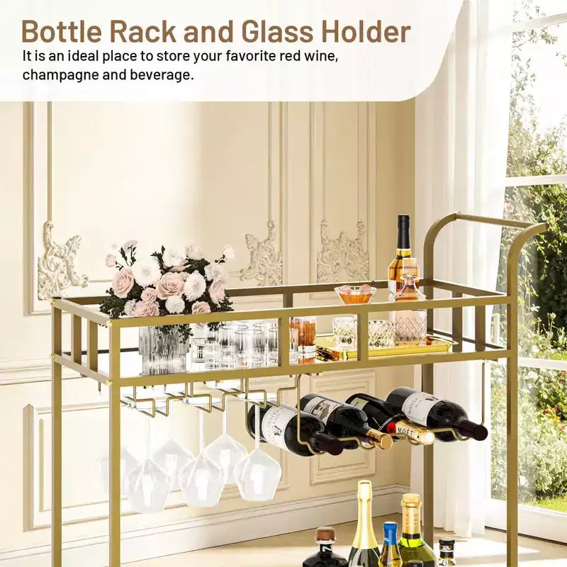 COZONY Chariot de Bar à 2 Niveaux avec Porte-Bouteilles et Porte-Verres, Desserte Roulante à Miroir avec Roues pour Cuisine et Salon