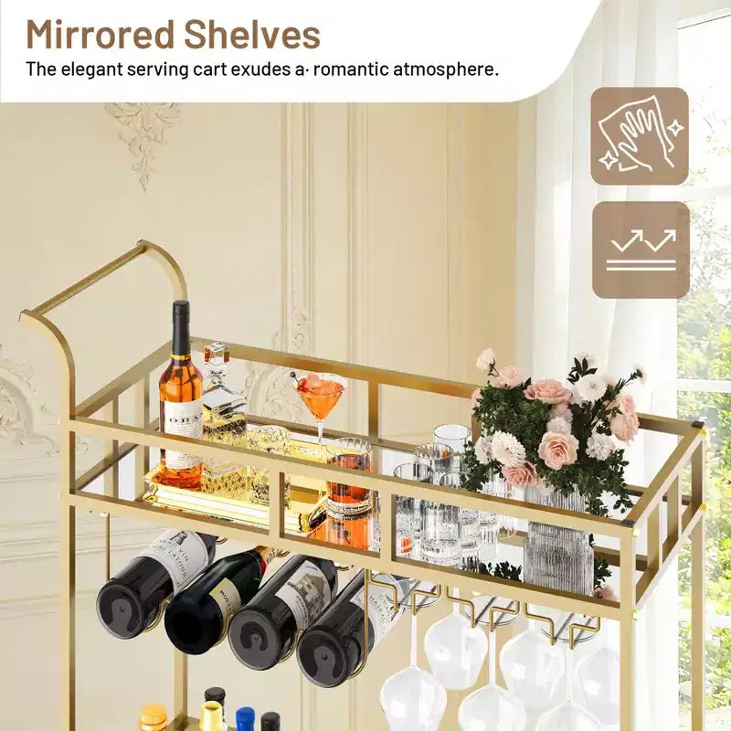 COZONY Chariot de Bar à 2 Niveaux avec Porte-Bouteilles et Porte-Verres, Desserte Roulante à Miroir avec Roues pour Cuisine et Salon