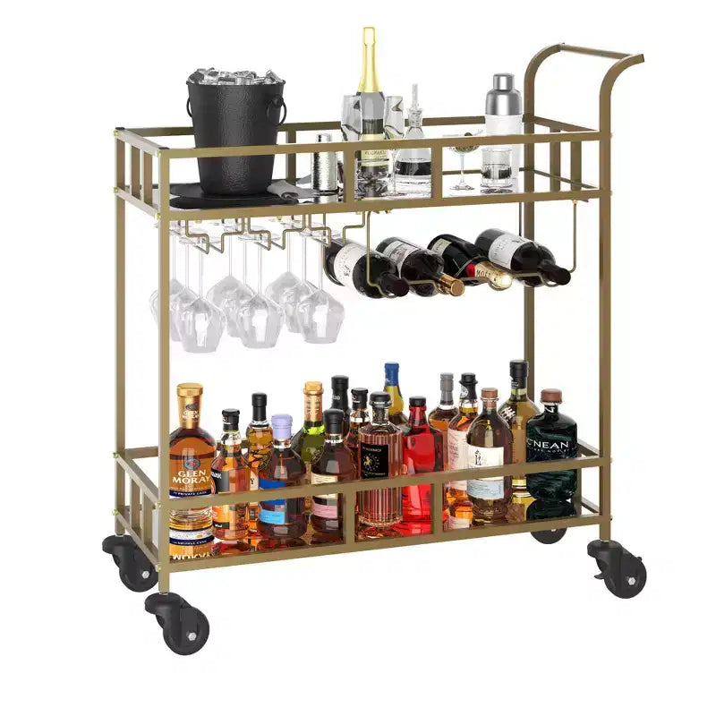 COZONY Chariot de Bar à 2 Niveaux avec Porte-Bouteilles et Porte-Verres, Desserte Roulante à Miroir avec Roues pour Cuisine et Salon