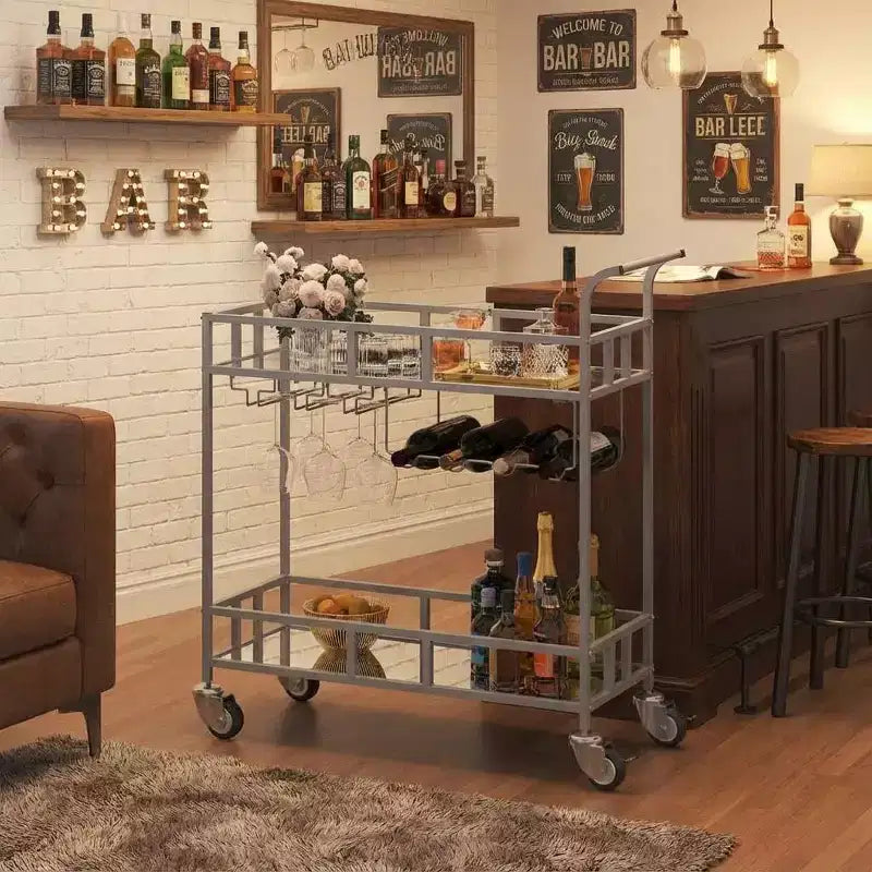 COZONY Chariot de Bar à 2 Niveaux avec Porte-Bouteilles et Porte-Verres, Desserte Roulante à Miroir avec Roues pour Cuisine et Salon