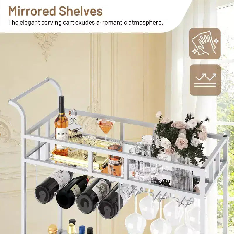 COZONY Chariot de Bar à 2 Niveaux avec Porte-Bouteilles et Porte-Verres, Desserte Roulante à Miroir avec Roues pour Cuisine et Salon