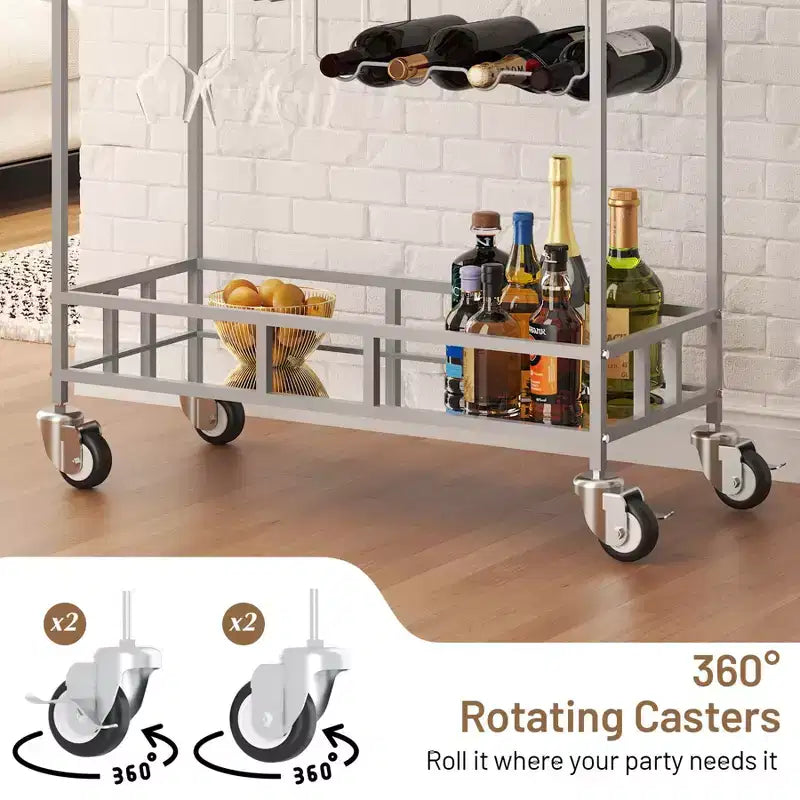COZONY Chariot de Bar à 2 Niveaux avec Porte-Bouteilles et Porte-Verres, Desserte Roulante à Miroir avec Roues pour Cuisine et Salon