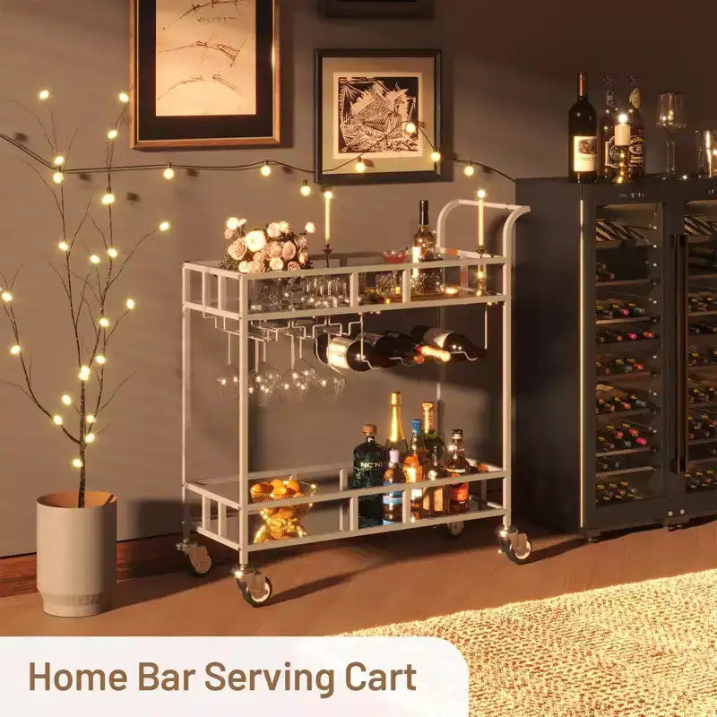COZONY Chariot de Bar à 2 Niveaux avec Porte-Bouteilles et Porte-Verres, Desserte Roulante à Miroir avec Roues pour Cuisine et Salon