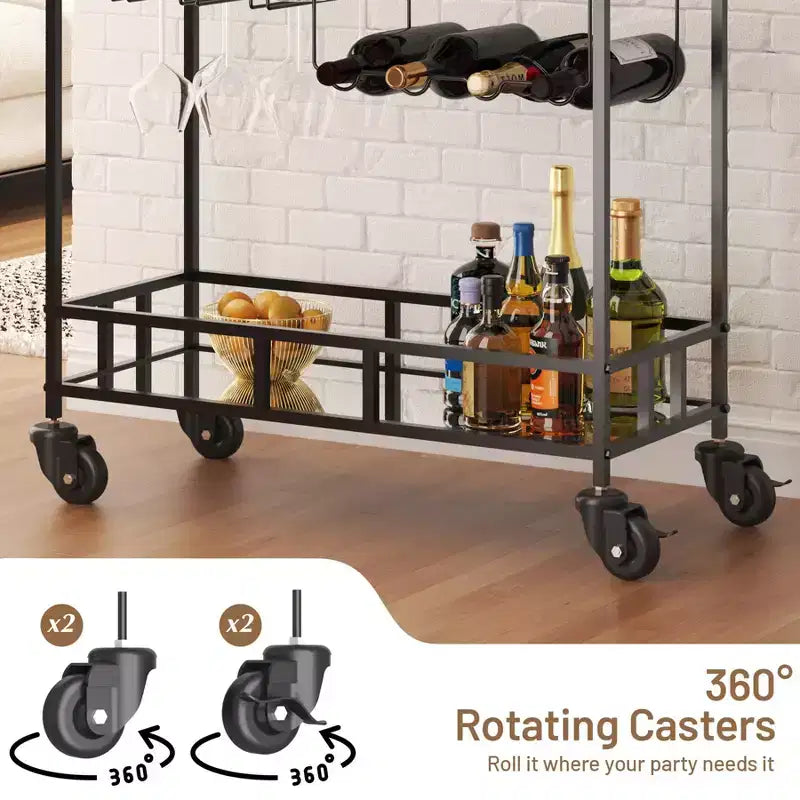 COZONY Chariot de Bar à 2 Niveaux avec Porte-Bouteilles et Porte-Verres, Desserte Roulante à Miroir avec Roues pour Cuisine et Salon