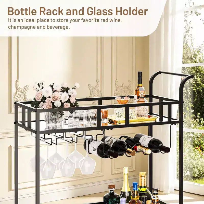 COZONY Chariot de Bar à 2 Niveaux avec Porte-Bouteilles et Porte-Verres, Desserte Roulante à Miroir avec Roues pour Cuisine et Salon